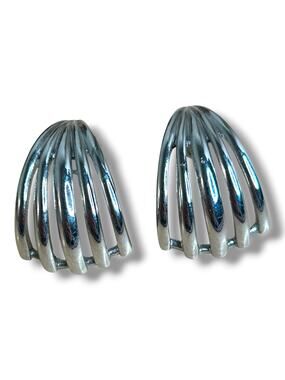 Vintage Crown Trifari Silver Tone Ribbed Shell Earrings Pierced Post